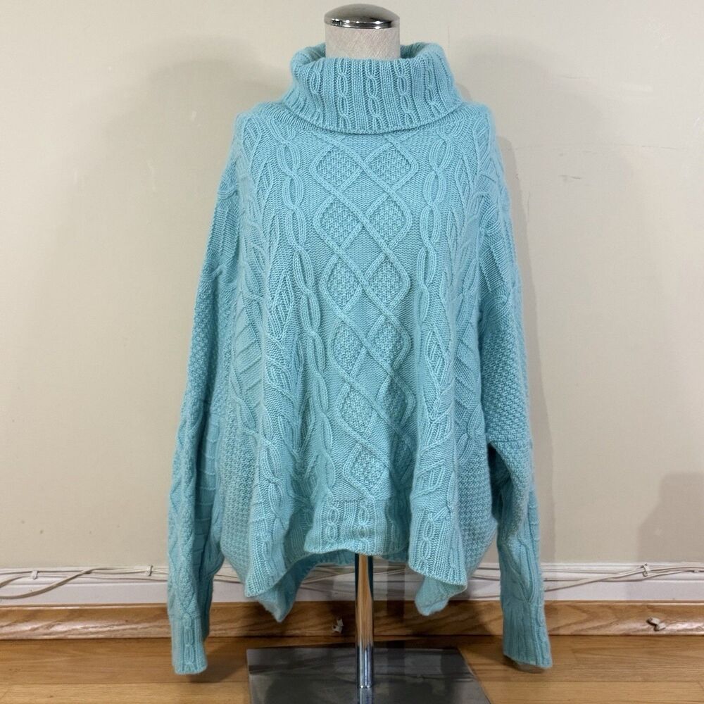 Eskandar $3795 Chunky Cable-Knit Cashmere Turtleneck Sweater Mint Green O/S Luxe